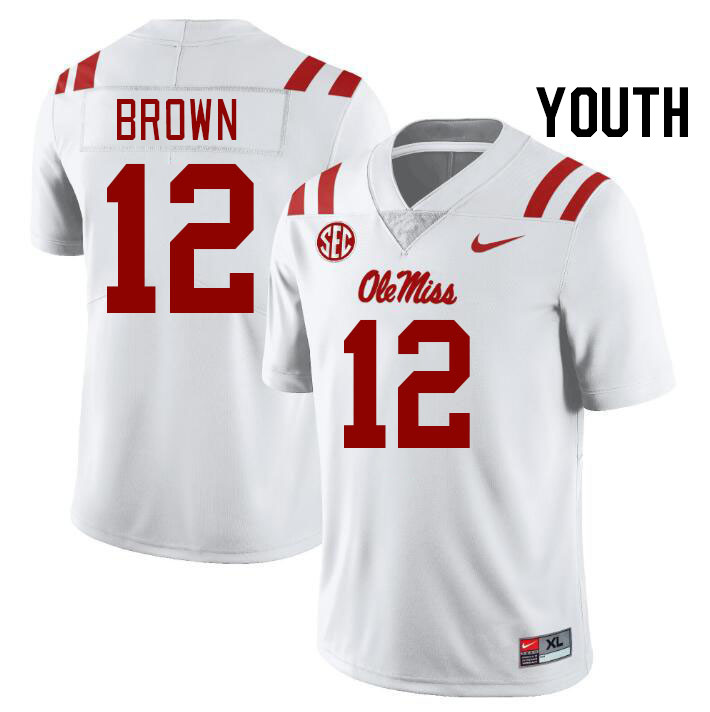 Youth #12 Bralon Brown Ole Miss Rebels College Football Jerseyes Stitched Sale-White - Click Image to Close